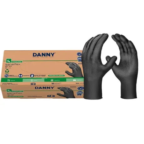 Luva Nitrílica Sensiflex Grip Danny Preta DA-90.600 PT Texturizada Palma e Dorso Com 50 Unidades CA 50743